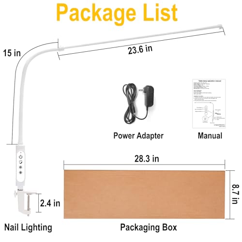 23.6" Nail Desk Lamp with 360° Flexible Gooseneck | 3 Color Modes 5 Brightness Levels LED Desk Lamp