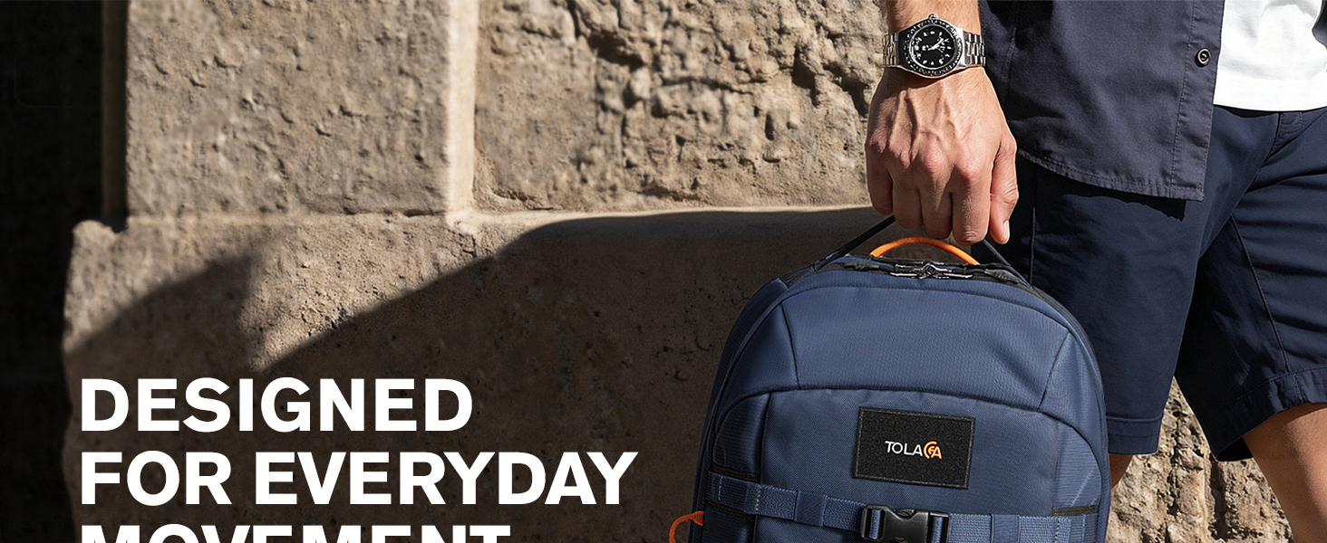 A businessman carrying a navy commuter laptop backpack while walking in the city