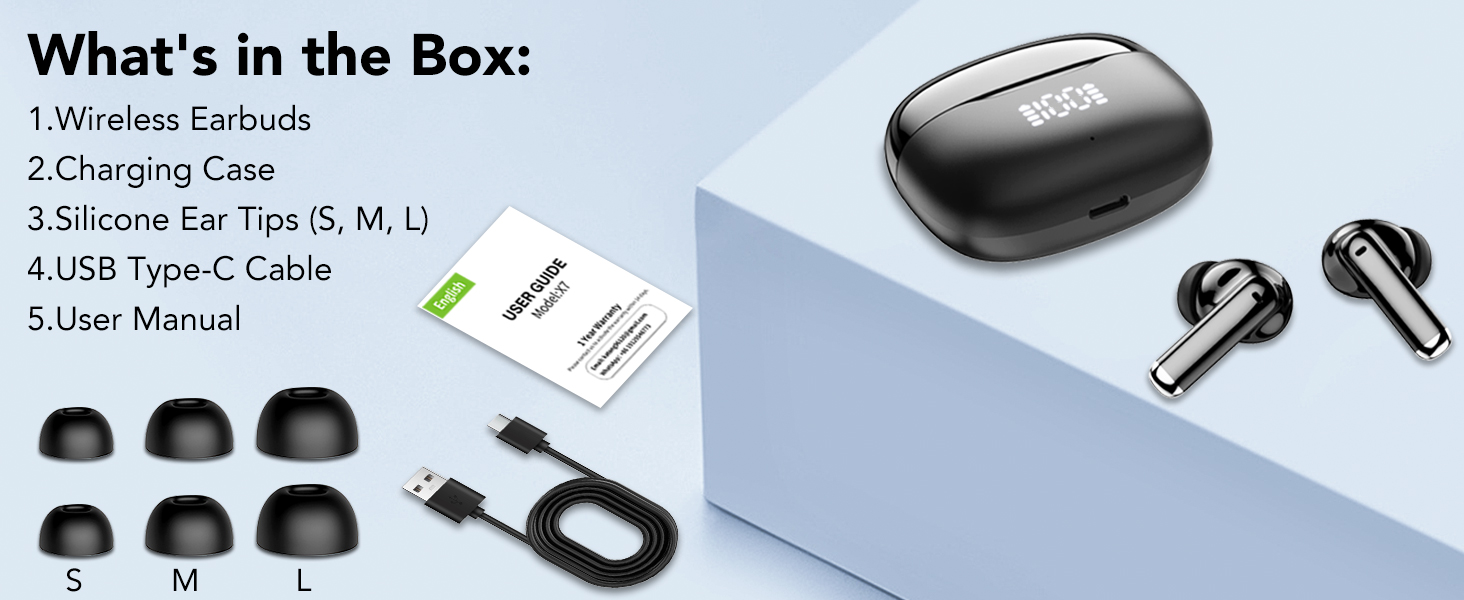 Text reads 'What's in the Box:'. Product packaging displays earbuds with charging case and various included accessories like ear tips and charging cable laid out in organized arrangement.