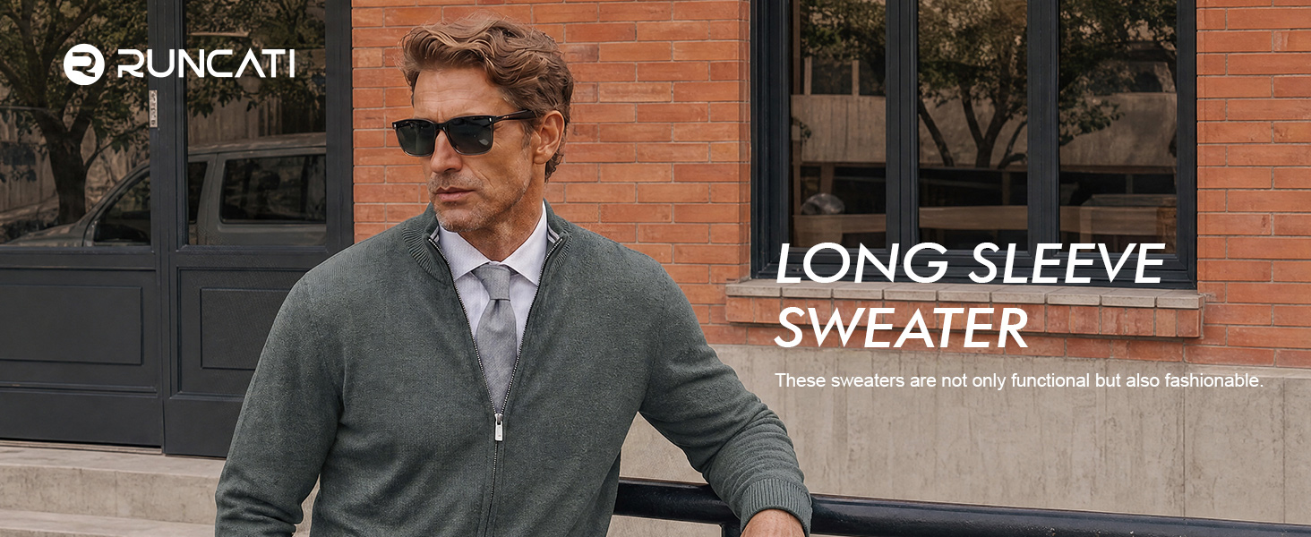 Runcati mens long sleeve full zip sweater styled for a polished everyday look