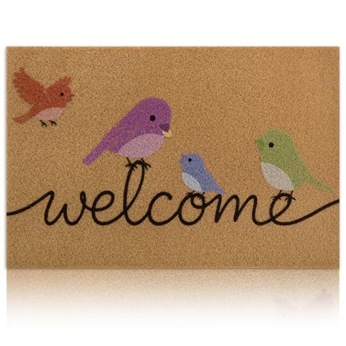 Welcome Mat with Non Slip Rubber Backing | Colorful Birds