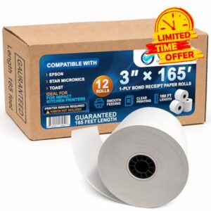 3" x 165' Bond Receipt Paper Rolls (12 Pack) – 1-Ply White POS Kitchen Printer Paper for Impact Printers – Compatible with Epson TM-U200
