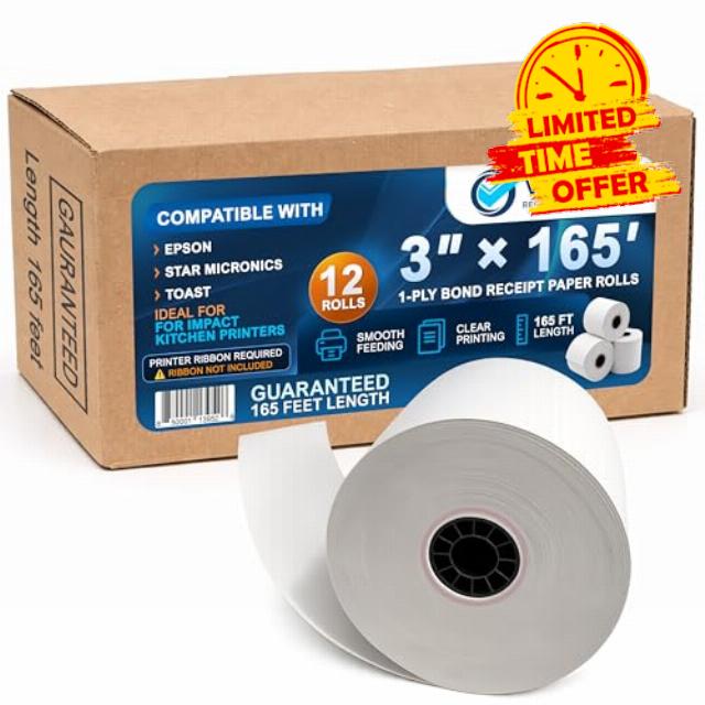 3" x 165' Bond Receipt Paper Rolls (12 Pack) – 1-Ply White POS Kitchen Printer Paper for Impact Printers – Compatible with Epson TM-U200