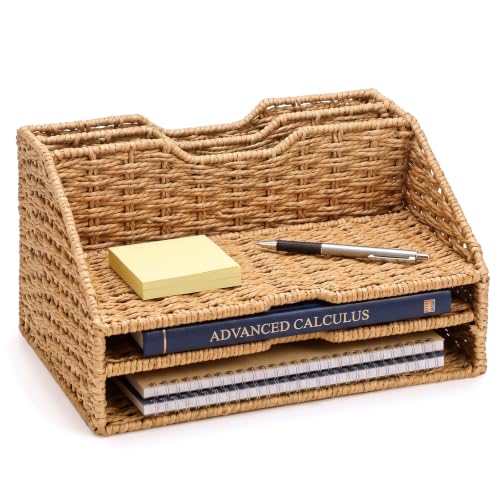 Woven Mail Organizer Countertop 3 Tier Letter Tray&2 Upright File Holders