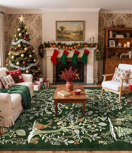 Christmas Forest Green Rugs for Dining Room Floor mat Under Table with No-Slip Backing Animal Print Soft Holiday Carpet for Bedroom Nursery Festival Deco