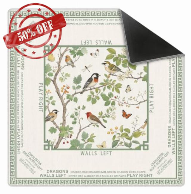 Beige Chinoiserie Floral Bird Mahjong Mat 31.5x31.5Inch | Vintage Chinese Botanical Non-Slip Noise-Reducing Mahjong Mat for American Mah Jong