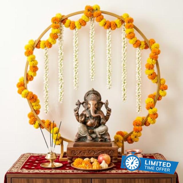 34"x31" Ganpati Decoration Metal Mandap Backdrop Stand for Table Altars | Gold Round Pooja Backdrop Frame for Indian Mandir Marigold Garland Ganesh Chaturthi Decoratio