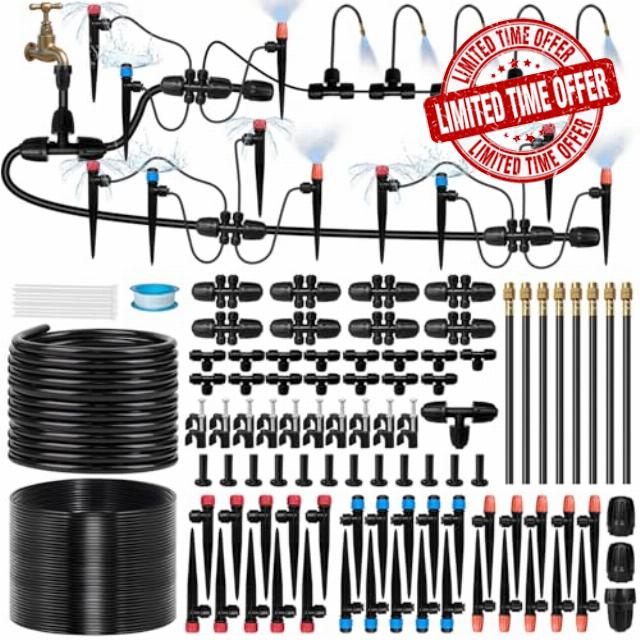 230FT Drip Irrigation System for Garden with 38pcs Adjustable Copper Nozzles & Emitters