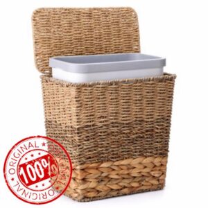 Newtay 3 Gallon Wicker Trash Can with Lid and Removable Liner Natural Water Hyacinth Seagrass Wicker Waste Basket Boho Decotative Small Garbage Can for Bathroom Bedroom Kitchen Living Room Small Space