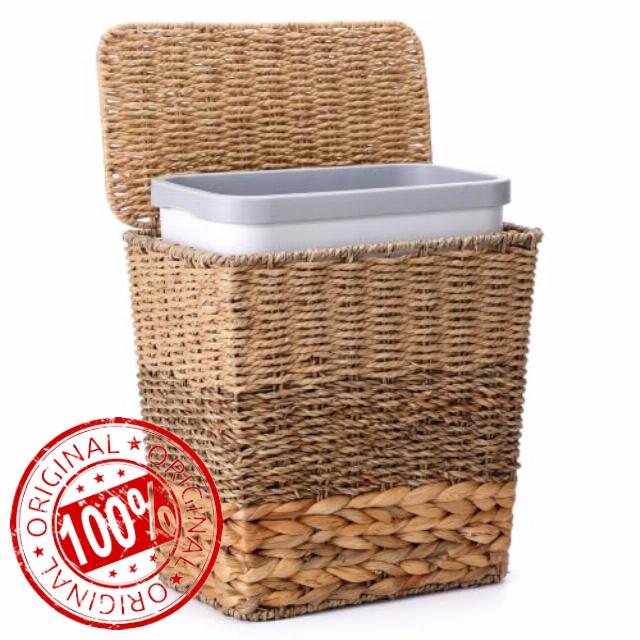 Newtay 3 Gallon Wicker Trash Can with Lid and Removable Liner Natural Water Hyacinth Seagrass Wicker Waste Basket Boho Decotative Small Garbage Can for Bathroom Bedroom Kitchen Living Room Small Space