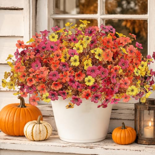 12 Bundles Faux Mums Plastic Silk Daisy Flowers Plants for Outside Planters UV Resistant Look Real Autumn Porch Patio Yard 3 Multicolo