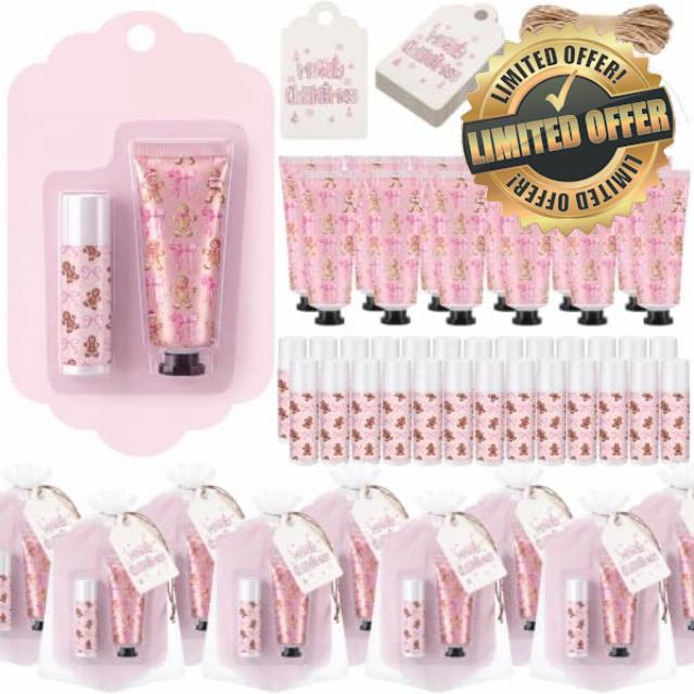 Batiyeer 20 Pack Christmas Gingerbread Coquette Hand Cream & Lip Balm Gifts                                                          Pink Gingerbread Bow Gifts Bulk
