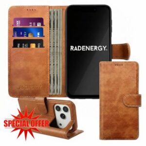EMF Protection Anti Radiation Flip Case for iPhone 16/17e Brown                                                          Genuine Leather Brown Folio Wallet Cover with Card Holder and Stand