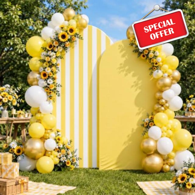Tegeme Yellow 2 Set Cabana Stripe Arch Backdrop Cover 7.2ft 6.6ft                                                          Ripple Solid Fabric Wall