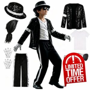 Dance Star Halloween Costume Black Sequin Jacket Shirt Pants Hat Gloves Set Wig for 80s Pop Stage Outfits