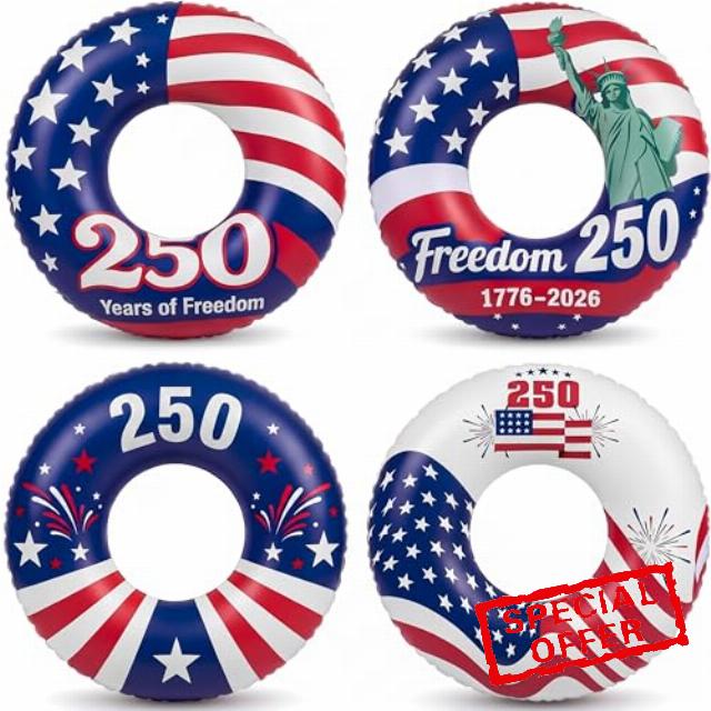 Foilswirl 4 Pack 250th Anniversary Inflatable Pool Float 36'' Patriotic American Flag Float Tube 4th of July Thickened PVC Red White Blue Swim Tube Ring for Independence Day Summer Pool Beach Party