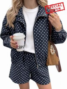 Tankaneo Womens Polka Dot 2 Piece Sets Zip Up Cropped Jackets Shorts Set                                                          Athleisure