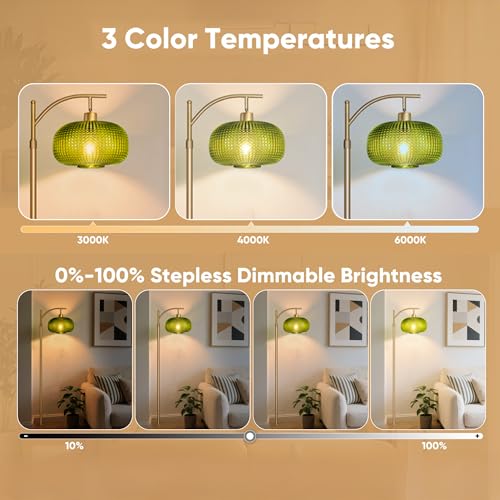 Mid Century Standing Lamp Green Shade | Dimmable Gold Tall Pole Lamp for Bedroom Office with Remote