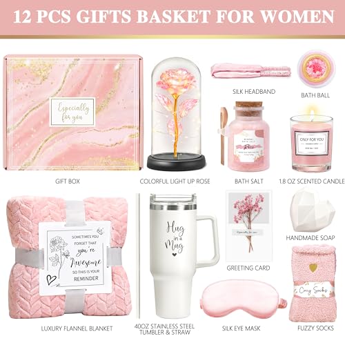 11Pcs Self Care Package Get Well Gift Basket Pink | With 40oz Tumbler with Handle Light Up Rose Blanket Christmas Sending Hugs for Mom Friend Sister Wife