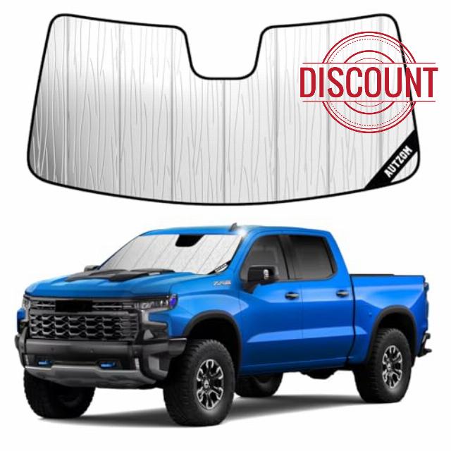 Windshield Sun Shade for Chevrolet Silverado/GMC Sierra 2019-2026 Specific | Custom-fit Precise Coverage Blocks Heat Keep Interior & Dashboard Cool Silver Coating Fast Set Up Travel Daily Commuting