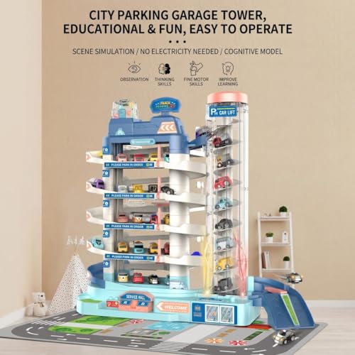 Multi-Level Vehicle Storage Miniature Building Scene with Rotating Car Elevator