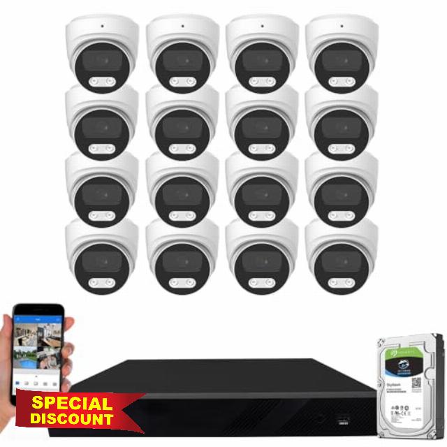 GW Security 16 Channel NVR 4K Color Night Vision PoE Security Camera System                                                          16 8MP Spotlight Color Day & Night Outdoor/Indoor Microphone Dome Camera