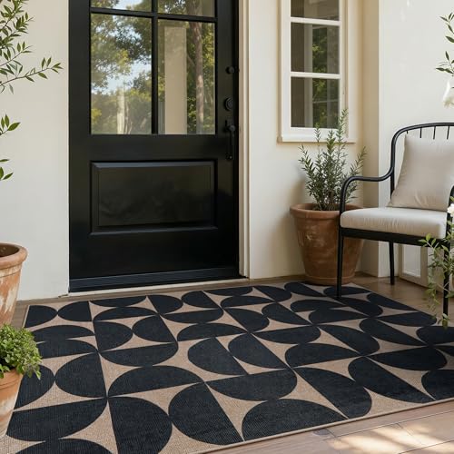 Black 3x5 Easy Jute Outdoor Patio Rug | Farmhouse Neutral Washable Non Slip Non Shedding Door Mat for Entryway Layering Office