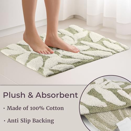 35”x22”/25”x18” | 100% Cotton Bath Mats with Textured Botanical Leaf Print for Boho Bathroom Decor - Bath Rugs Non Slip Washable Bathmats