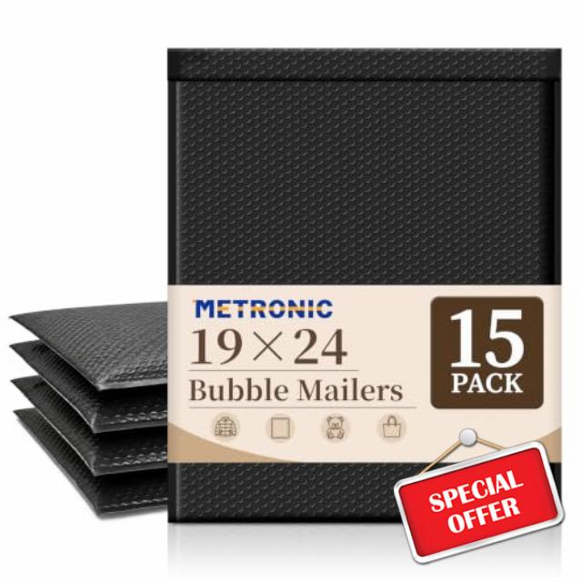 Metronic Large Bubble Mailers 19x24 Inch 15 Pack Black Padded Envelopes                                                          Self-Seal Shipping Bags Waterproof Packaging Bags for Multiple Clothes