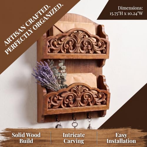 2 Slot Wall Organizer with 3 Key Hooks Rustic Wooden Letter Sorter