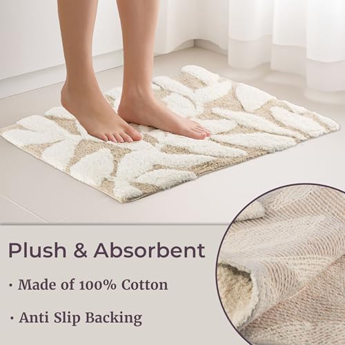 35”/25” | 100% Cotton Bath Mats with Textured Botanical Leaf Print for Boho Bathroom Decor - Bath Rugs Non Slip Washable Bathmats