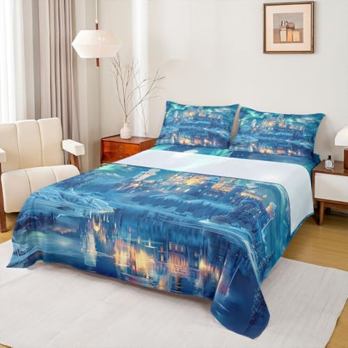 Dreamy Aurora Fitted Sheets Ice Snow Sheet(Fitted+Flat+2 Pillowcases)