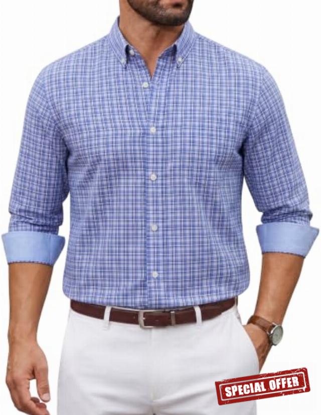 COOFANDY Men Plaid Dress Shirts Long Sleeve Button Down Shirts Cotton Shirt                                                          Lightweight Dress Shirt