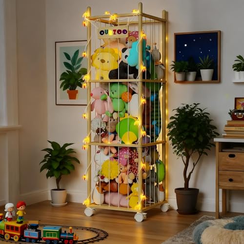 55.12in Large Wooden Stuffed Animal Storage & Organizer with Elastic Cord Plush Toy Storage for Toy Organizatio