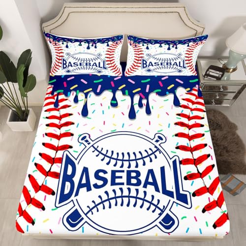 Baseball Ice Cream Bed Sheets for Kids Boys Teens Adult Baseball Sports Bedding Set with 2 Pillow Cases Navy Blue Dessert Bedroom Deco
