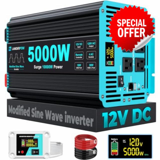 5000W Inverter 12V DC to 110/120V AC Converter Modified Sine Wave                                                          10000W Peak Power Car RV Truck Inverter with Dual LCD Display