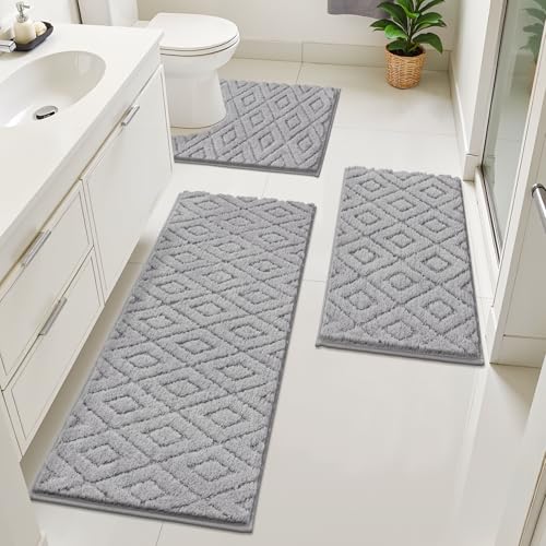 Non Slip Microfiber Bath Mat Light Gray | Plush Water Absorbent Bath Rug Sets with U-Shaped Contour Toilet Mat