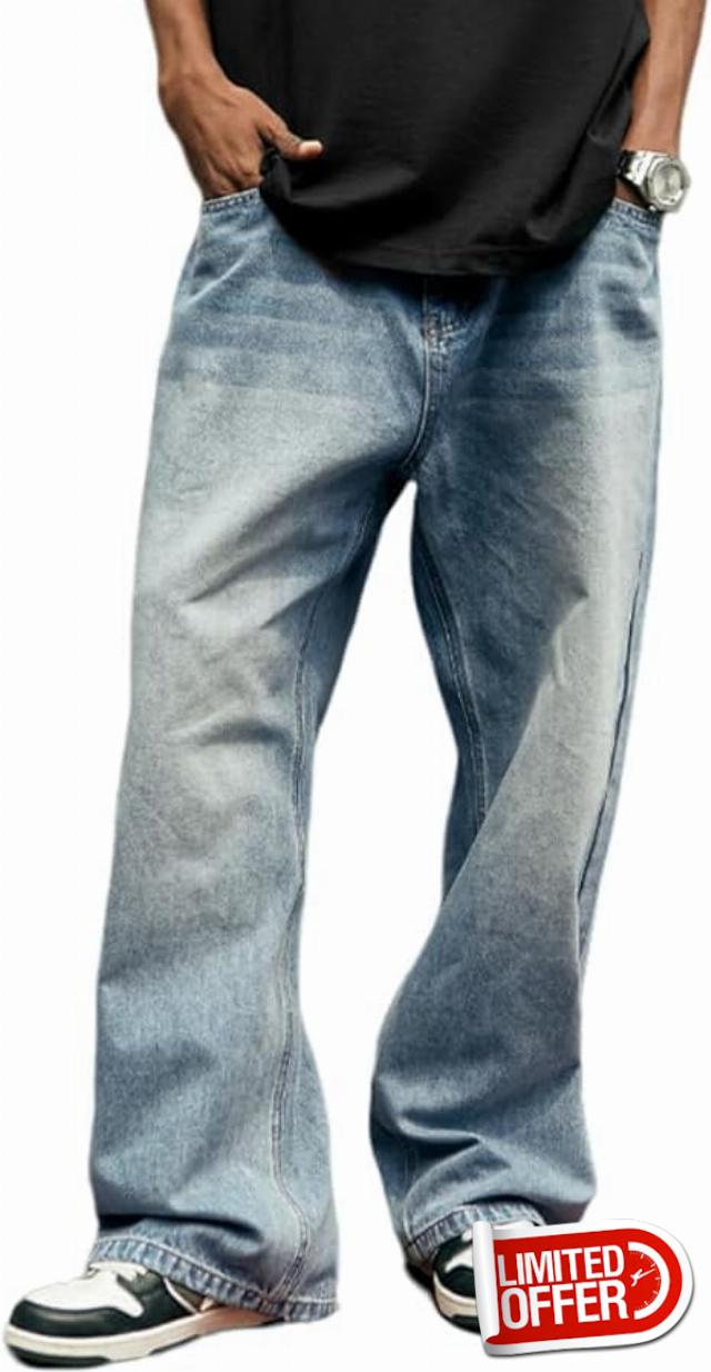 HUNGSON Mens Baggy Jeans for Men Women Y2k Skater Vintage Plain Pants Casual Wide Leg Jeans Loose Fit Denim Jeans