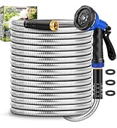 Garden Hose 75 ft, Stainless Steel Metal Water Hose with Adjustable 10-Mode Spray Nozzle, Lightwe...