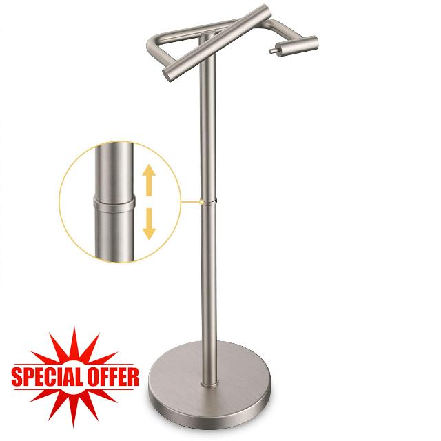 BESy Toilet Paper Holder Stand Bathroom Tissue Free Standing Brushed Nickel | Adjust Length 16 -24