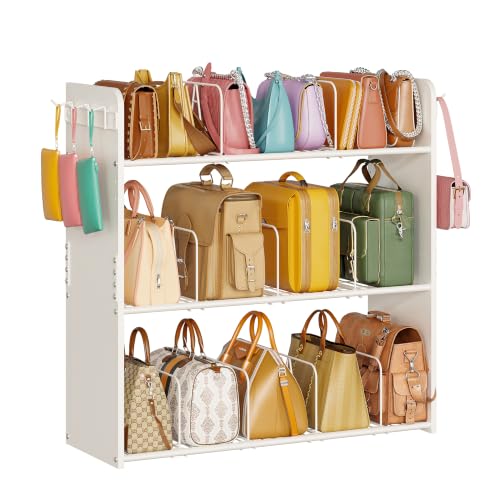 Purse Rack Stand with Adjustable Dividers Metal Wire Handbag Holder with 9 Adjustable Dividers&Side Hooks for Purses