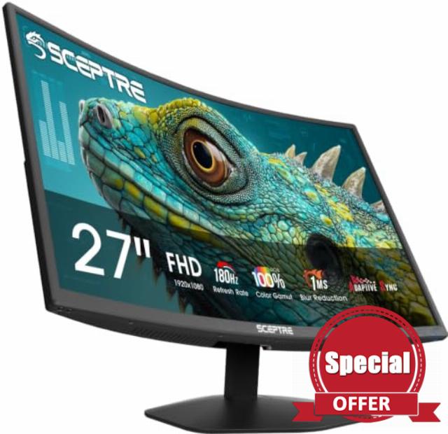 New! Sceptre Curved 27-inch Prime Gaming Monitor DisplayPort x2 180Hz HDMI x2 180Hz 1500R 1ms Build-in Speakers