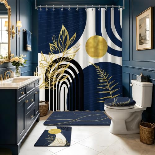 Mid Century Modern Bathroom Decor | Boho Bathroom Sets with Shower Curtain and Mats