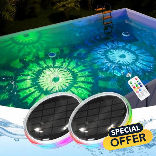 2 Pack Solar Power Float Pool Lights with Control 3 Strobe Modes Waterproof Color Change LED Disco Party Decorative Ambient Lighting Auto-on for Outdoor Above Ground Pool