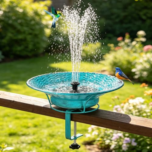 Vintage Blue Solar Powered Bird Bath for Outside Deck Mounted Bird Bath for Outdoors