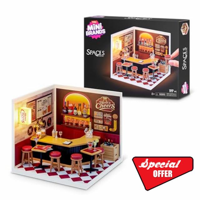 Mini Brands Mini Spaces Here’s Cheers By ZURU                                                          DIY Mini Spaces build & customize kit; light-up miniature bar scene; display Mini Brands miniatures and figures; gif