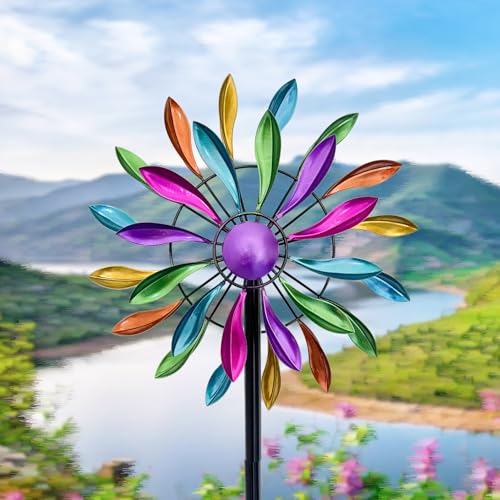 56.7" H | Rainbow double-sided 360° petal spinner adds colorful motion to patios