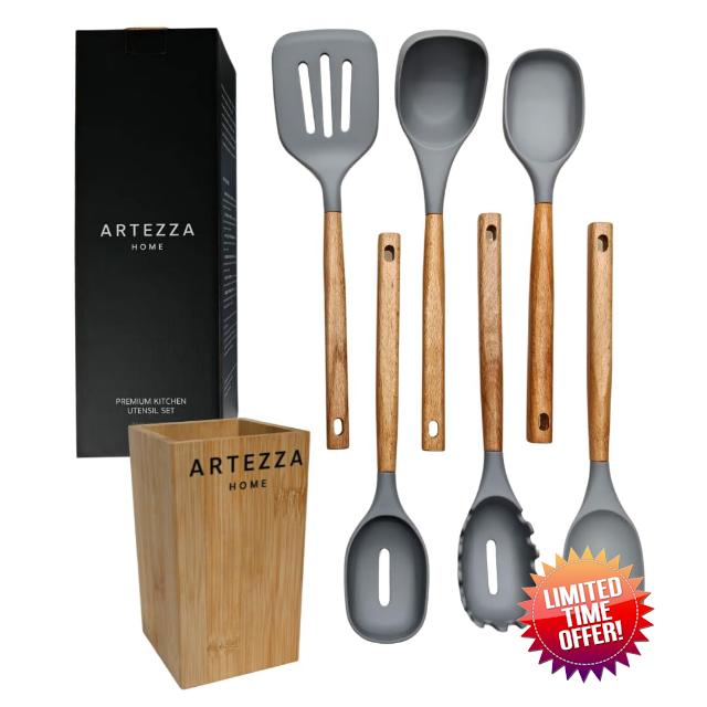 Premium Silicone Kitchen Utensil Set – 7-Piece Cooking Tools with Acacia Wood Handles and Bamboo Holder