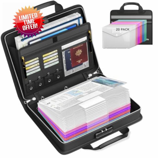 Tamfile Fireproof Binder Organizer with 20 Pack Colorful Plastic Pockets                                                          3 Ring Binder with Lock & Zipper
