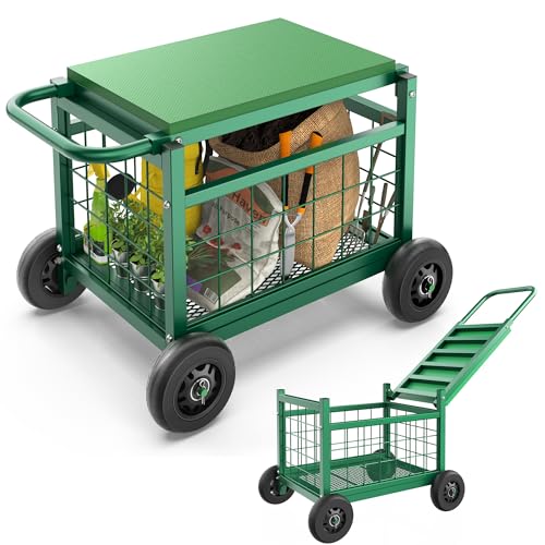 3-in-1 Rolling Seat with Wheels for Seniors Gardening | Upgraded Heavy Duty Gardenning Cart with Seat